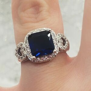 Cubic Zirconia Elevated PAVE BLUE TOPAZ CRYSTAL Ring 7 Sterling Silver Plated